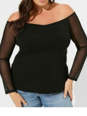 NWT Size 2 Torrid Black Off-Shoulder Top with Sheer Mesh Sleeves